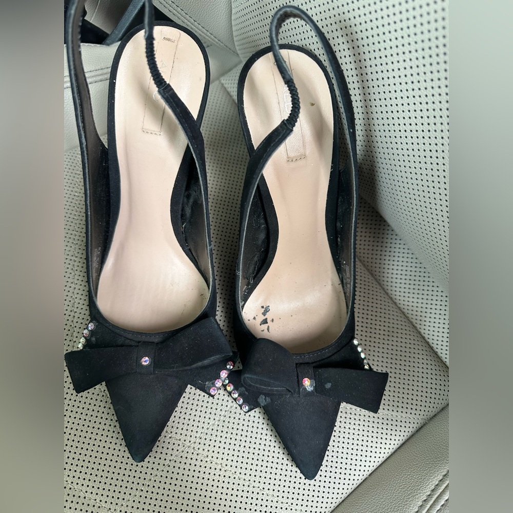 Aldo Black Slingback Heels with Bow and Rhinestones